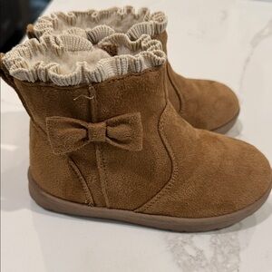 wonder nation Brown Suede-Look Girls Bow Booties with Cream Cuff